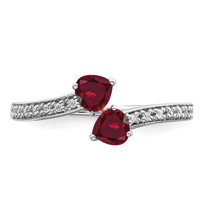 14K Weißgold Ring mit gezüchtetem Rubin und echtem Diamant im Herzschliff, 2 Steine