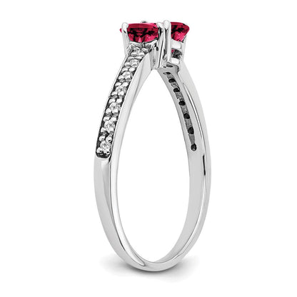 14K Weißgold Ring mit gezüchtetem Rubin und echtem Diamant im Herzschliff, 2 Steine