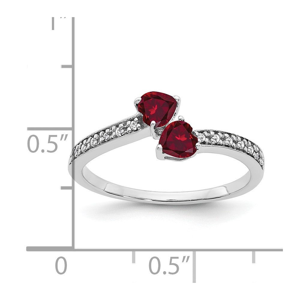14K Weißgold Ring mit gezüchtetem Rubin und echtem Diamant im Herzschliff, 2 Steine