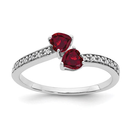 14K Weißgold Ring mit gezüchtetem Rubin und echtem Diamant im Herzschliff, 2 Steine