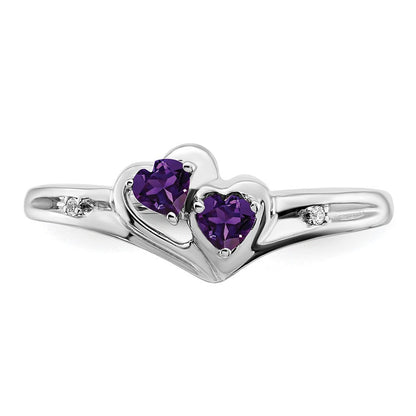 14K Weißgold Ring mit Amethyst und echtem Diamant, 2-Steine-Herz-Design
