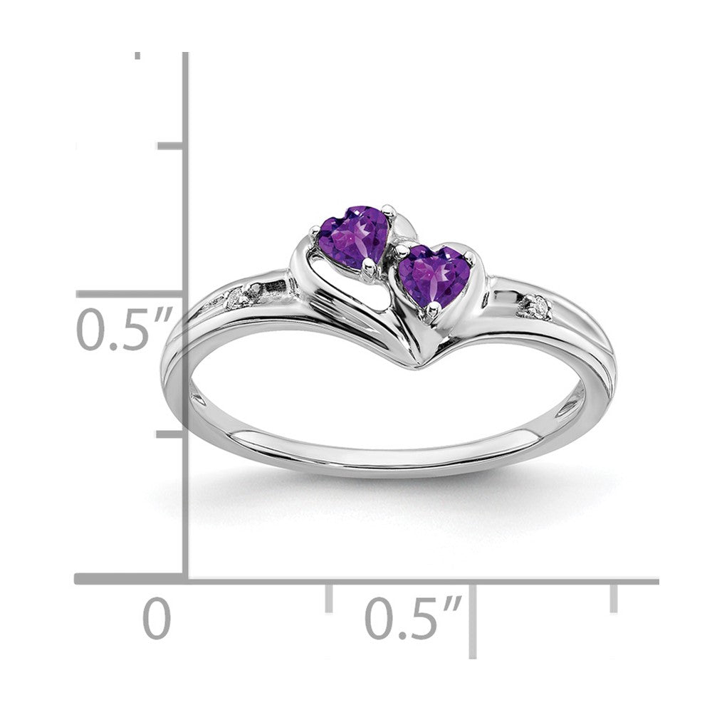 14K Weißgold Ring mit Amethyst und echtem Diamant, 2-Steine-Herz-Design