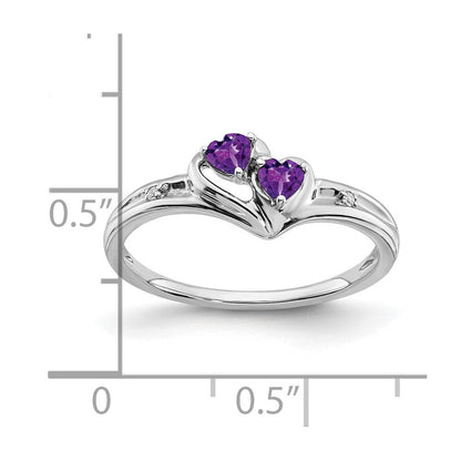 14K Weißgold Ring mit Amethyst und echtem Diamant, 2-Steine-Herz-Design
