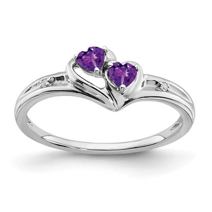 14K Weißgold Ring mit Amethyst und echtem Diamant, 2-Steine-Herz-Design