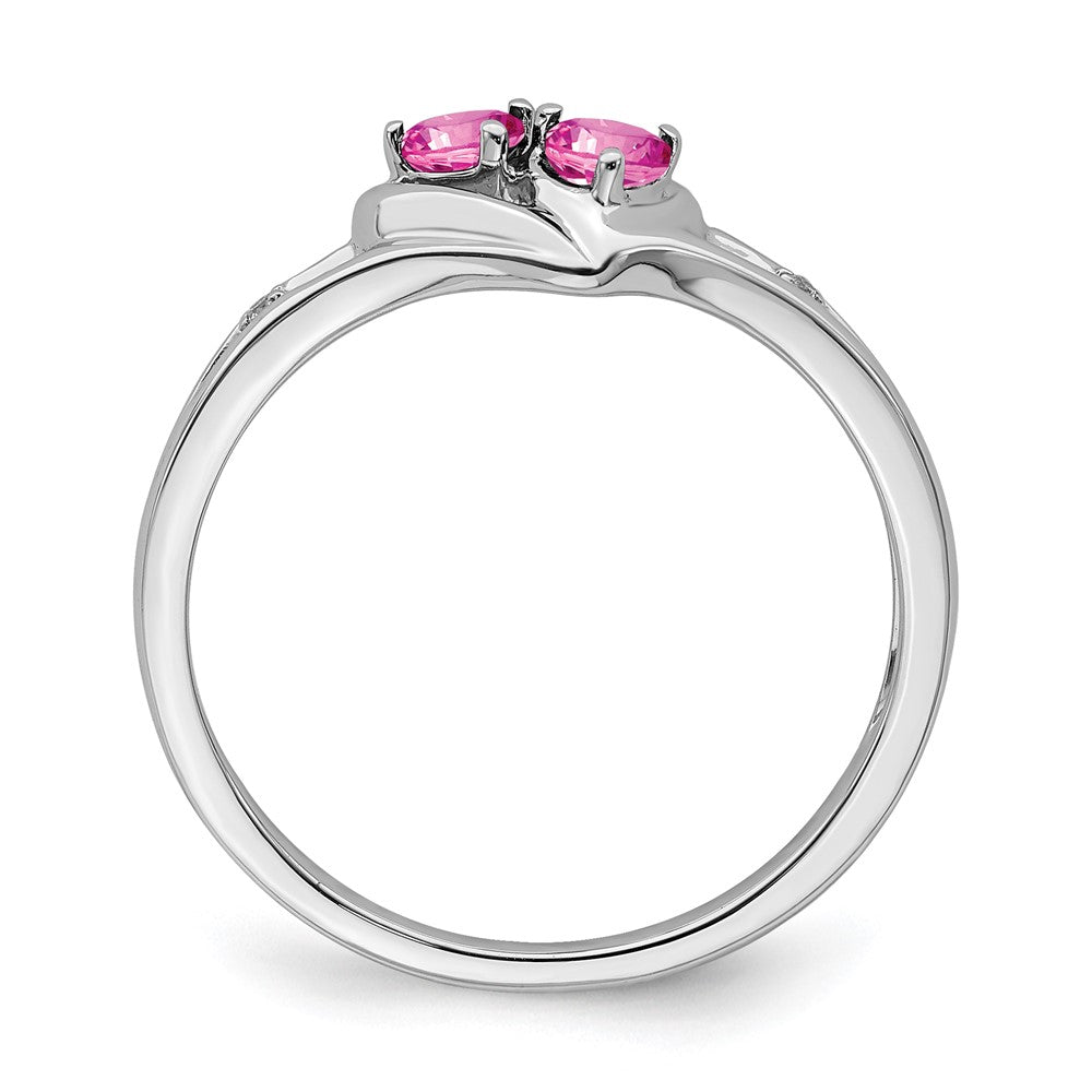 14K Weißgold Ring mit gezüchtetem pinkem Saphir und echtem Diamant, 2 Steine, Herz