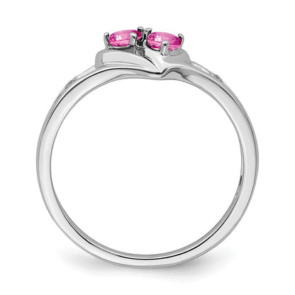 14K Weißgold Ring mit gezüchtetem pinkem Saphir und echtem Diamant, 2 Steine, Herz