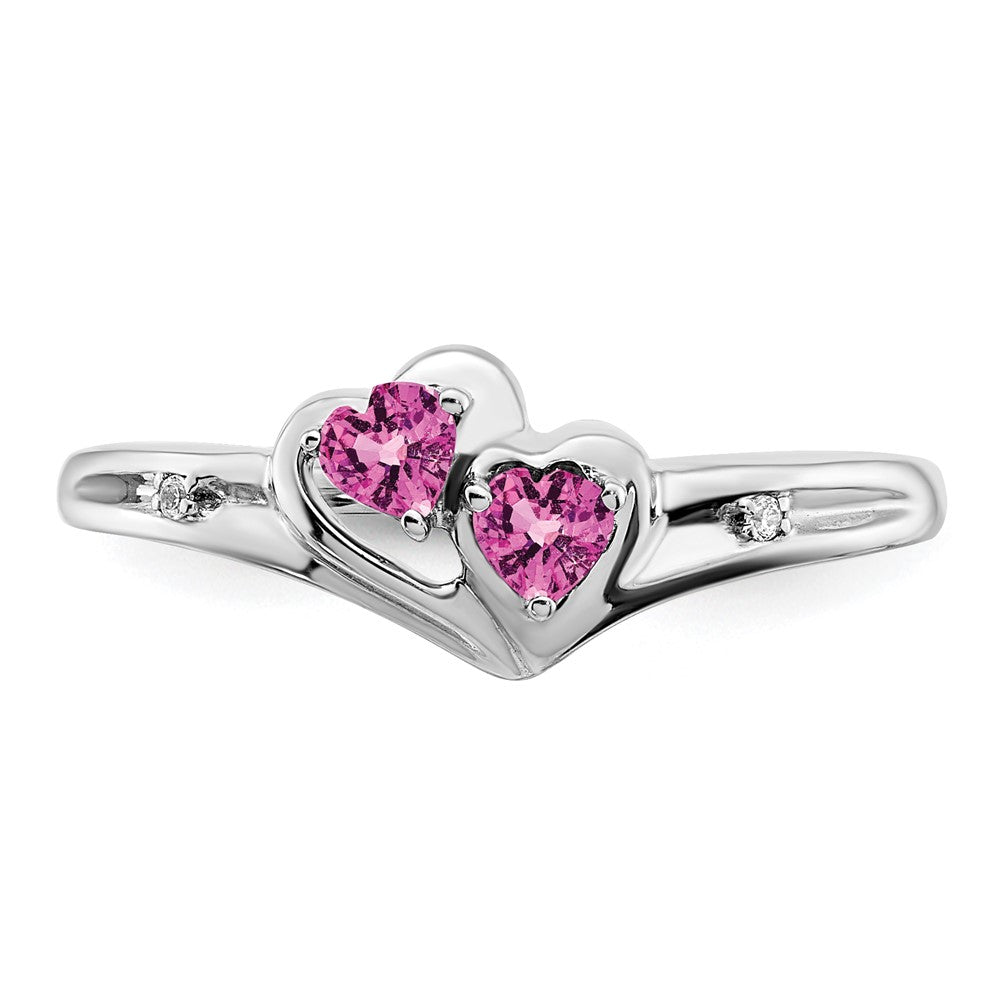14K Weißgold Ring mit gezüchtetem pinkem Saphir und echtem Diamant, 2 Steine, Herz
