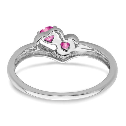 14K Weißgold Ring mit gezüchtetem pinkem Saphir und echtem Diamant, 2 Steine, Herz