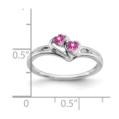 14K Weißgold Ring mit gezüchtetem pinkem Saphir und echtem Diamant, 2 Steine, Herz