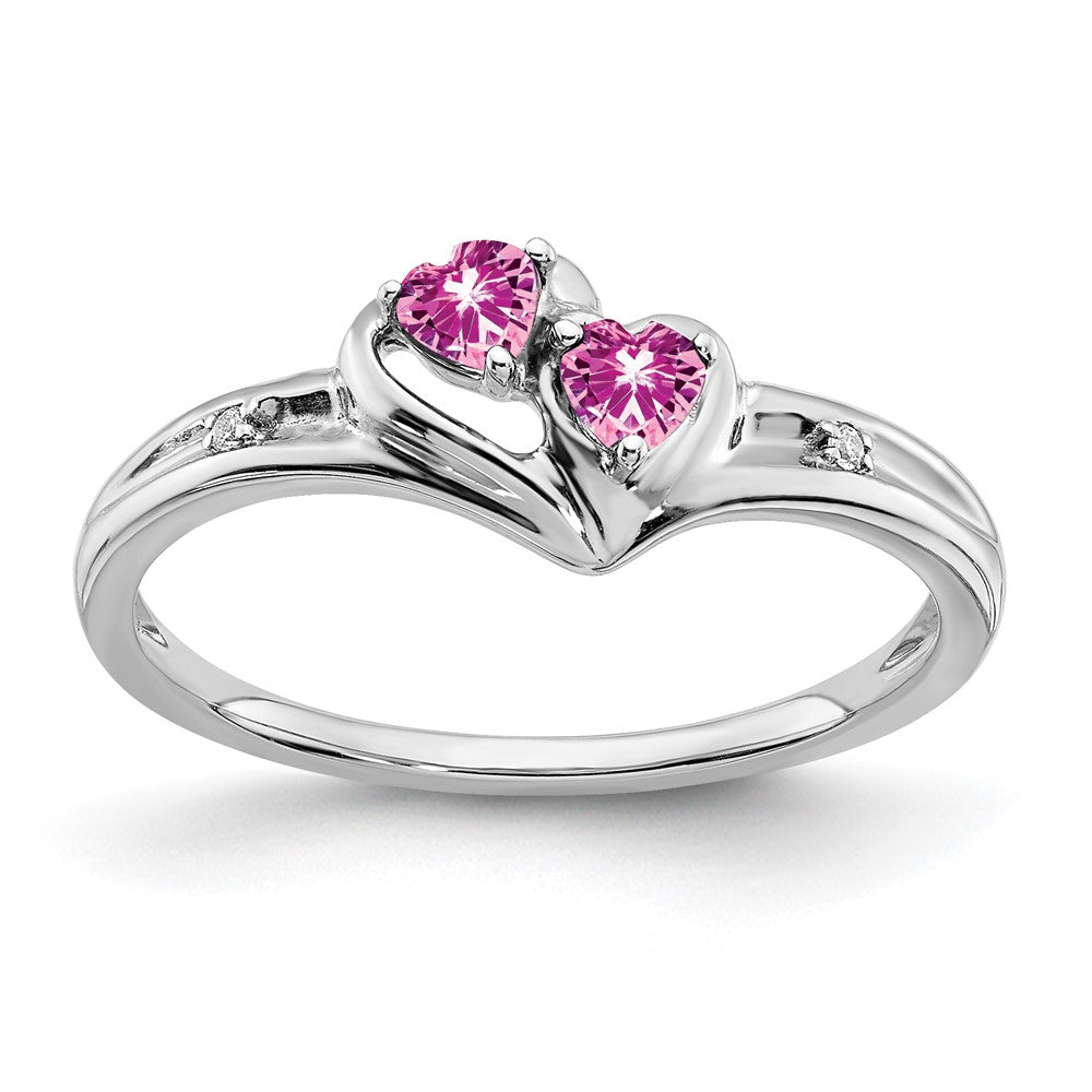 14K Weißgold Ring mit gezüchtetem pinkem Saphir und echtem Diamant, 2 Steine, Herz