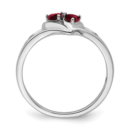 14K Weißgold Ring mit synthetischem Rubin und echtem Diamant, zweisteinig, Herzform