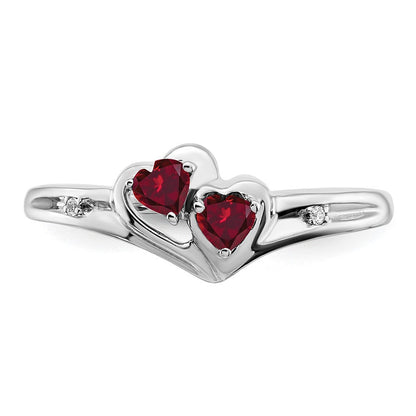 14K Weißgold Ring mit synthetischem Rubin und echtem Diamant, zweisteinig, Herzform