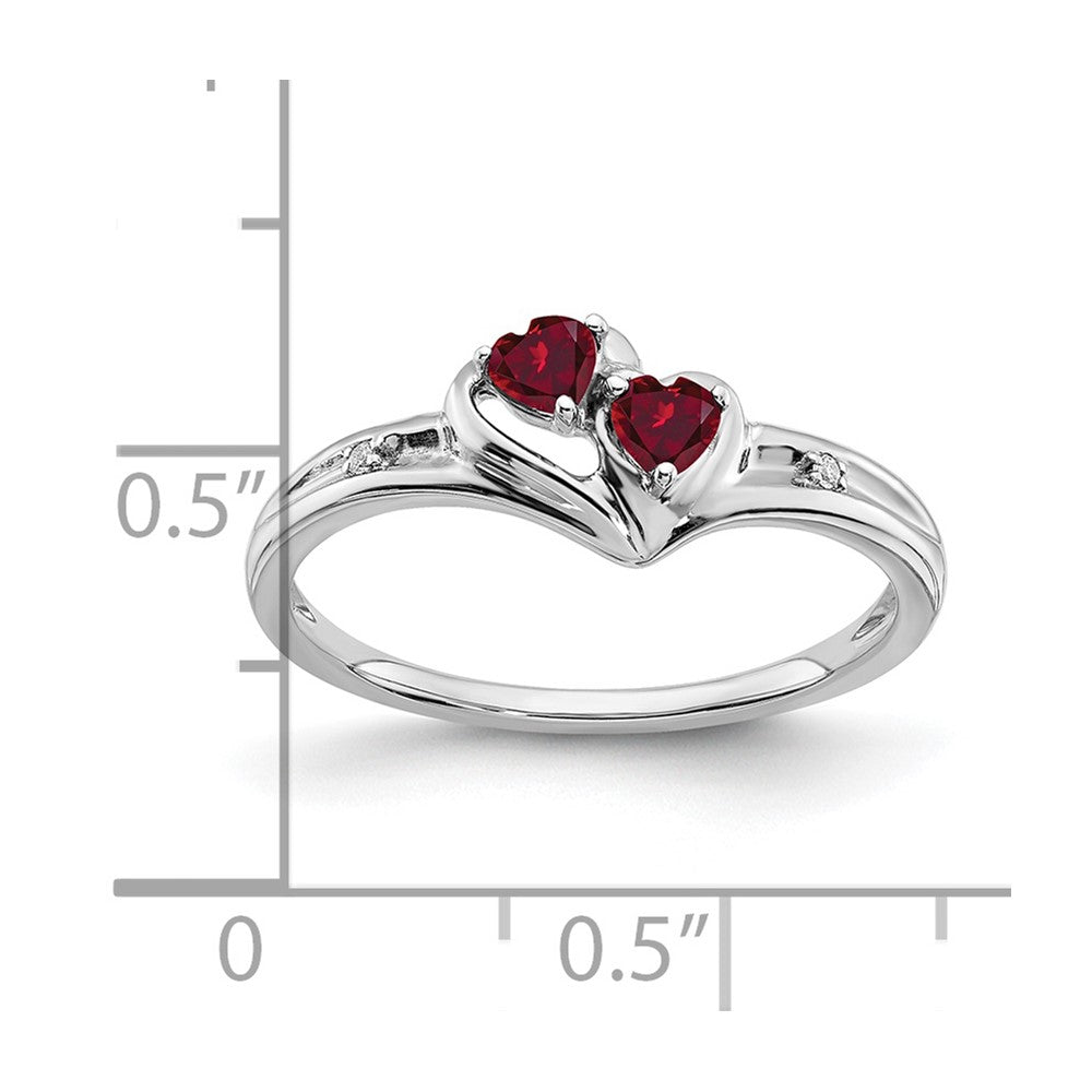 14K Weißgold Ring mit synthetischem Rubin und echtem Diamant, zweisteinig, Herzform