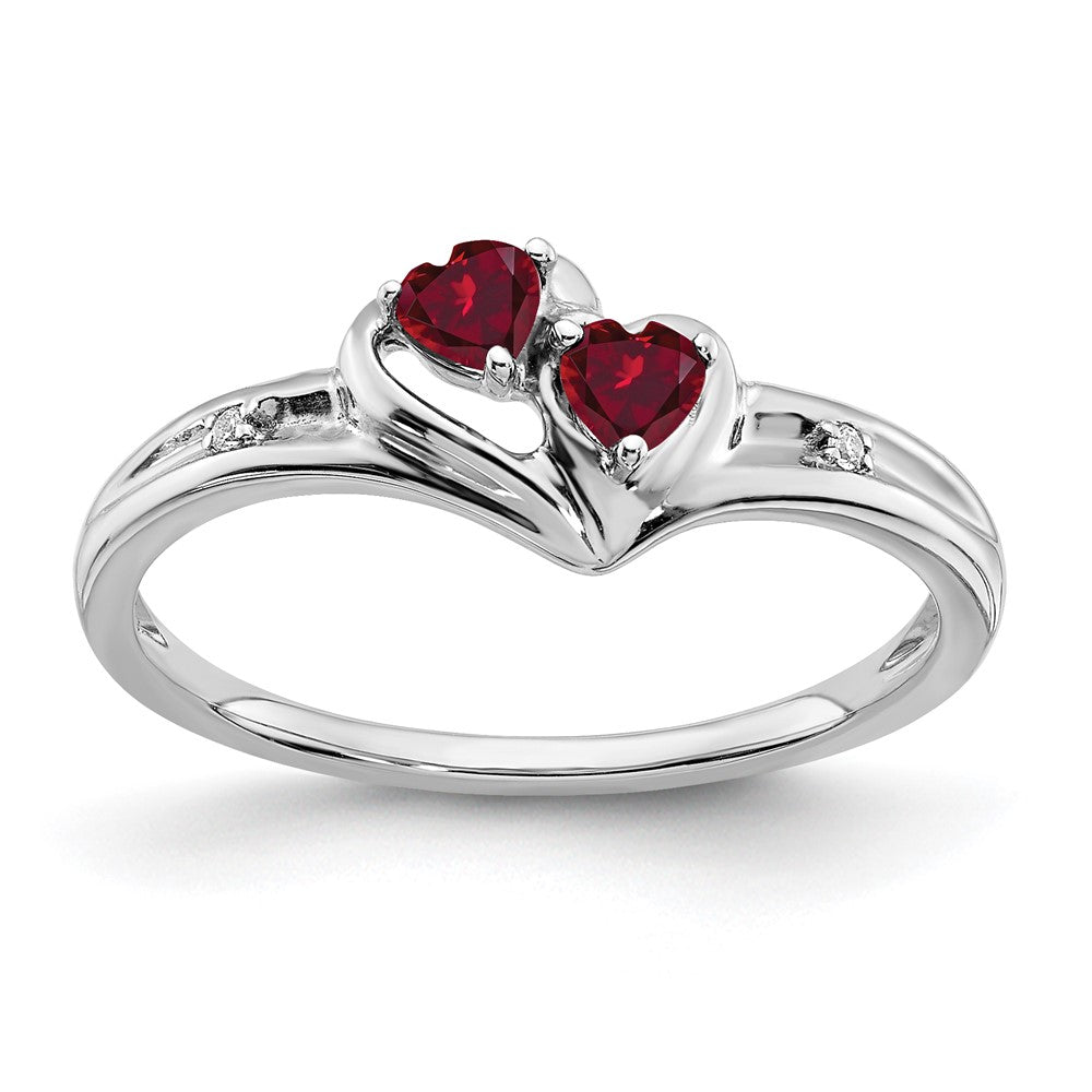 14K Weißgold Ring mit synthetischem Rubin und echtem Diamant, zweisteinig, Herzform