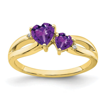 10K Gelbgold Amethyst und Diamant 2-stone Herz Ring