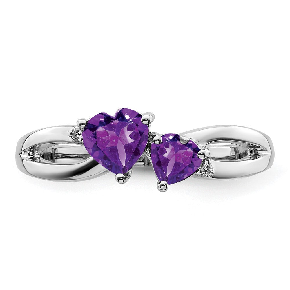 14K Weißgold Ring mit Amethyst und echtem Diamant, zweisteinig, Herz