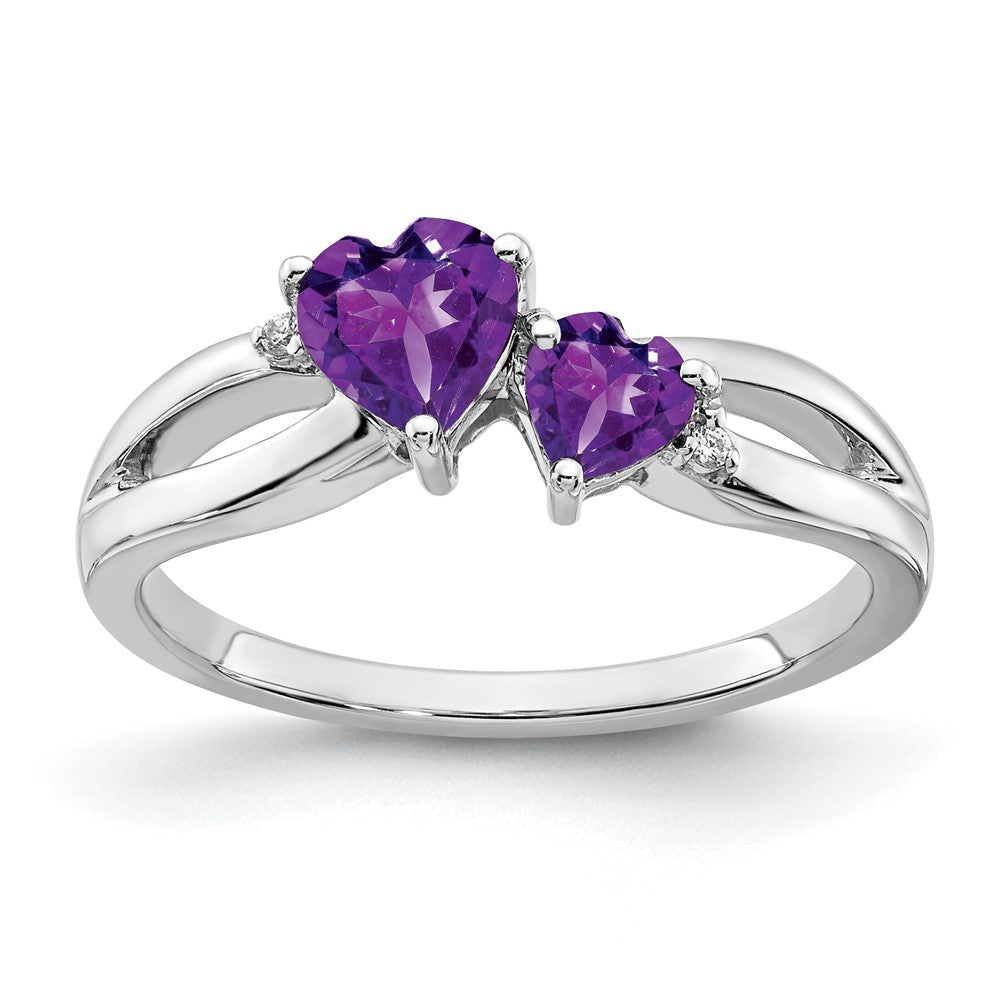 14K Weißgold Ring mit Amethyst und echtem Diamant, zweisteinig, Herz