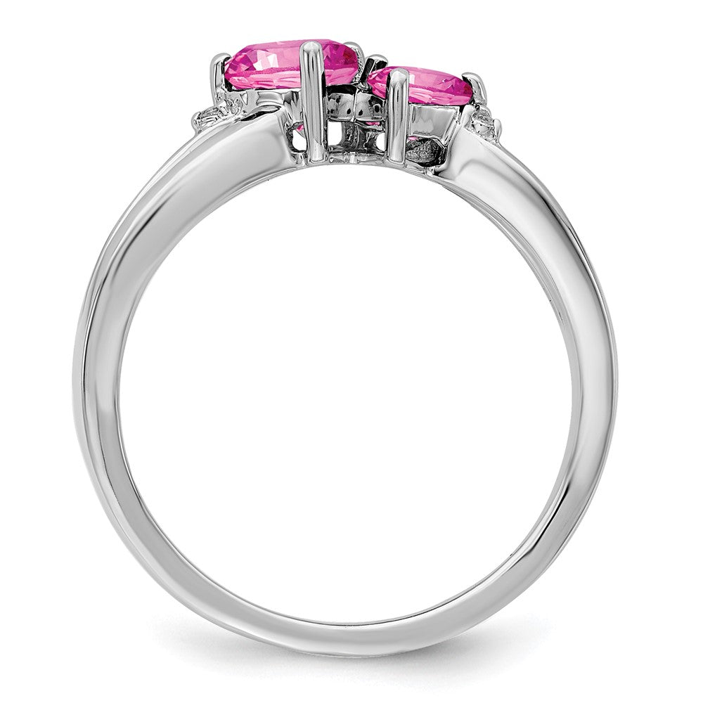 14K Weißgold Ring mit synthetischem pinkem Saphir und echtem Diamant, 2-Steine, Herz