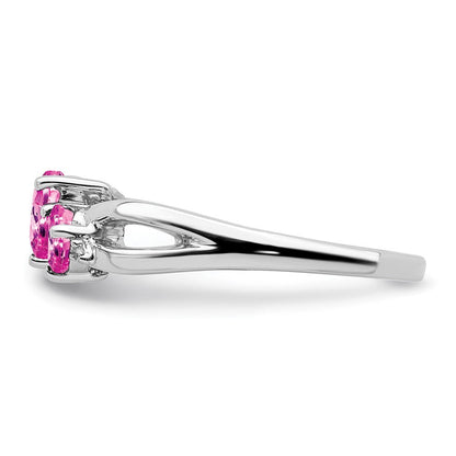 14K Weißgold Ring mit synthetischem pinkem Saphir und echtem Diamant, 2-Steine, Herz