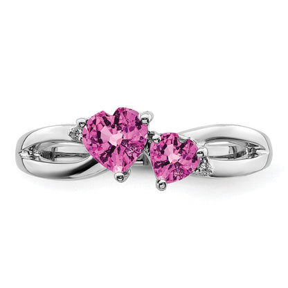 14K Weißgold Ring mit synthetischem pinkem Saphir und echtem Diamant, 2-Steine, Herz