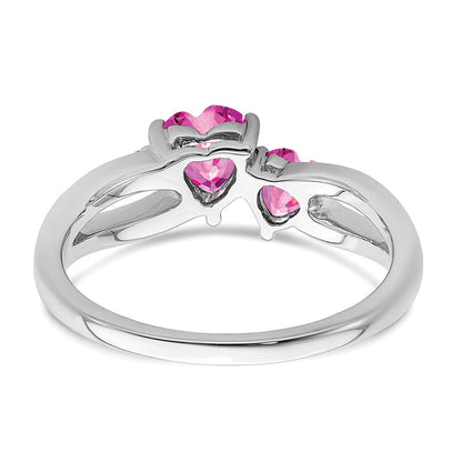 14K Weißgold Ring mit synthetischem pinkem Saphir und echtem Diamant, 2-Steine, Herz