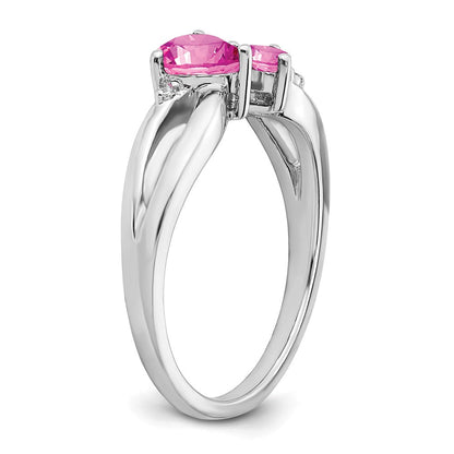 14K Weißgold Ring mit synthetischem pinkem Saphir und echtem Diamant, 2-Steine, Herz