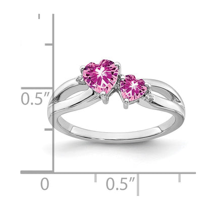14K Weißgold Ring mit synthetischem pinkem Saphir und echtem Diamant, 2-Steine, Herz