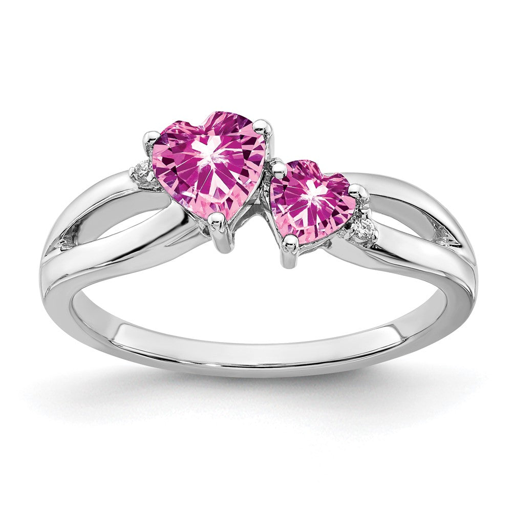 14K Weißgold Ring mit synthetischem pinkem Saphir und echtem Diamant, 2-Steine, Herz