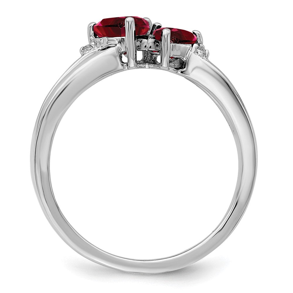 14K Weißgold Ring mit synthetischem Rubin und echtem Diamant, 2-Stein-Herzform