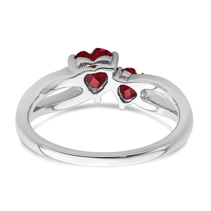 14K Weißgold Ring mit synthetischem Rubin und echtem Diamant, 2-Stein-Herzform