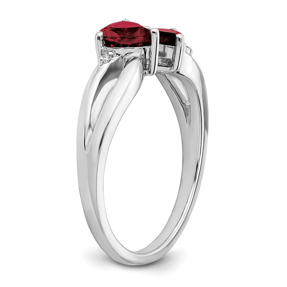 14K Weißgold Ring mit synthetischem Rubin und echtem Diamant, 2-Stein-Herzform