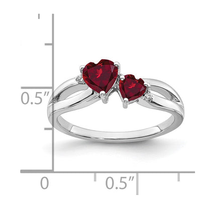 14K Weißgold Ring mit synthetischem Rubin und echtem Diamant, 2-Stein-Herzform