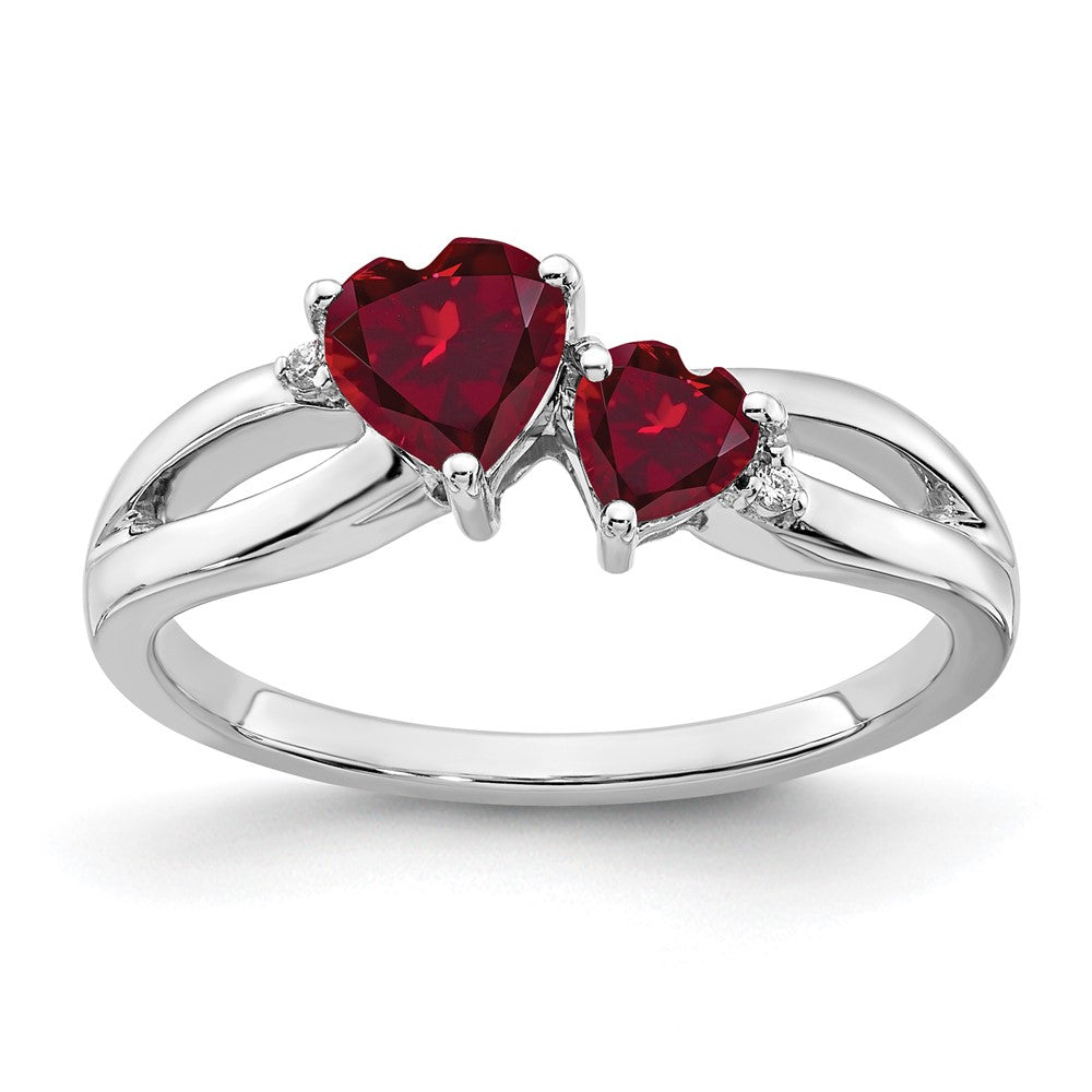 14K Weißgold Ring mit synthetischem Rubin und echtem Diamant, 2-Stein-Herzform