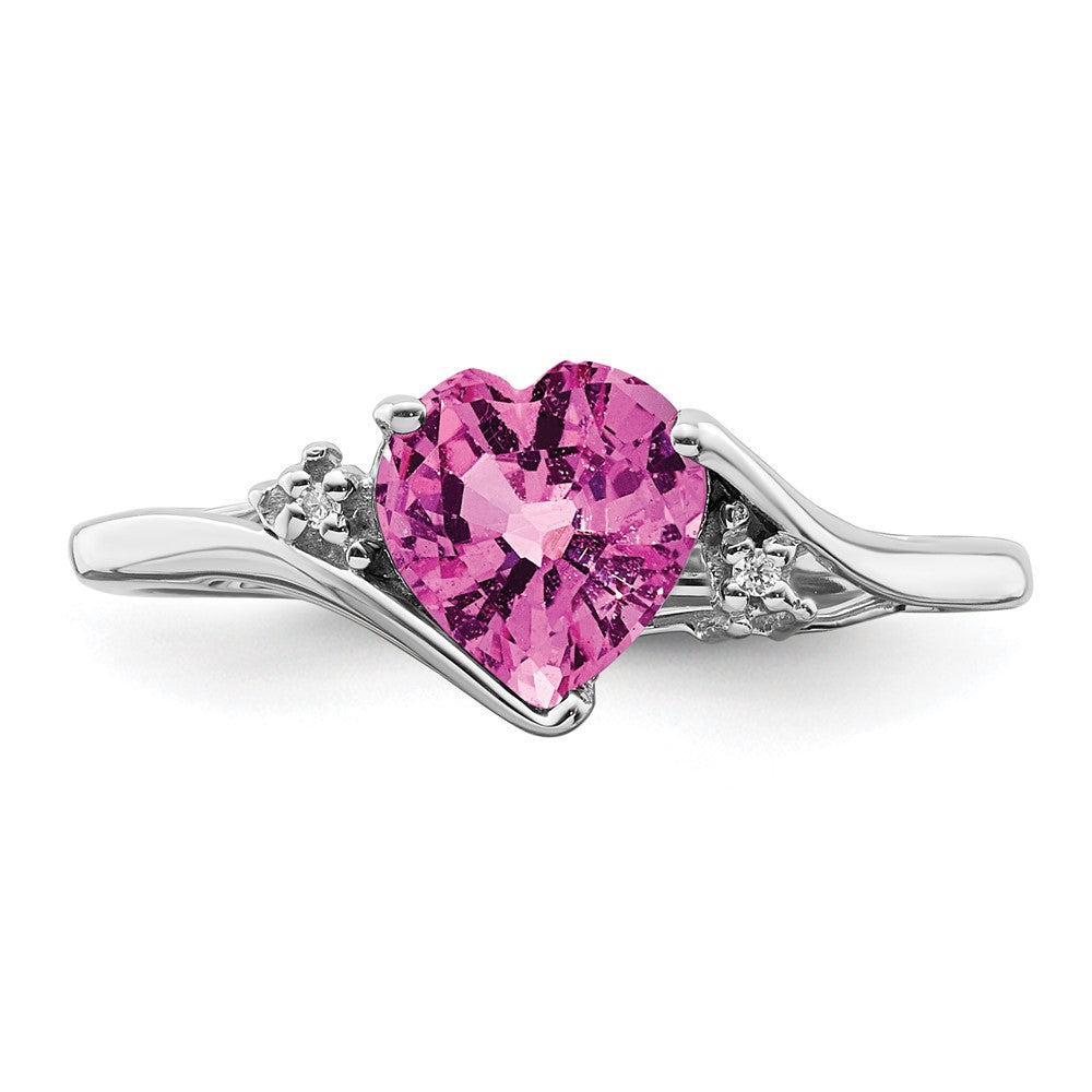 14K Weißgold Ring mit gezüchtetem pinkem Saphir und echtem Diamant in Herzform
