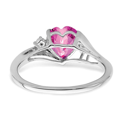 14K Weißgold Ring mit gezüchtetem pinkem Saphir und echtem Diamant in Herzform