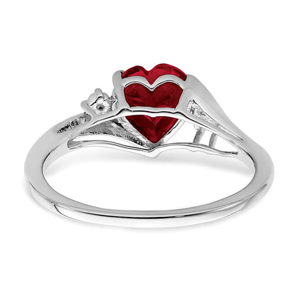 14K Weißgold Ring mit synthetischem Rubin und echten Diamanten in Herzform