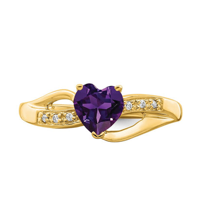 14K Gelbgold Ring mit Amethyst und echtem Diamant-Herz