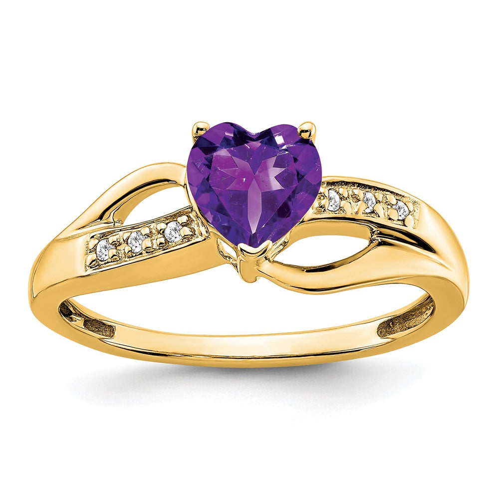 14K Gelbgold Ring mit Amethyst und echtem Diamant-Herz