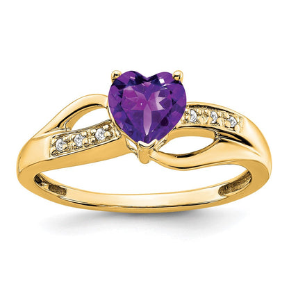 14K Gelbgold Ring mit Amethyst und echtem Diamant-Herz