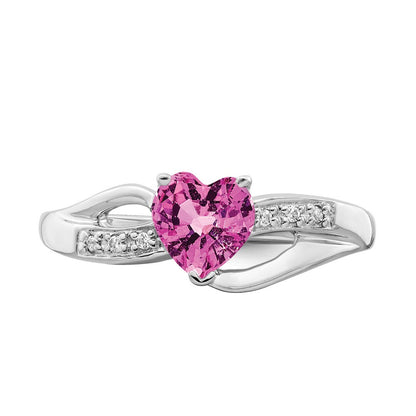 14K Weißgold Ring mit gezüchtetem pinkem Saphir und echten Diamanten, Herzform