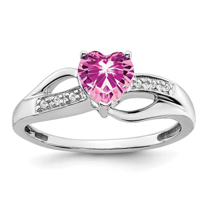 14K Weißgold Ring mit gezüchtetem pinkem Saphir und echten Diamanten, Herzform