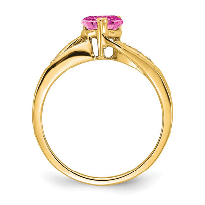 14K Gelbgold Ring mit gezüchtetem pinkem Saphir und echten Diamanten in Herzform