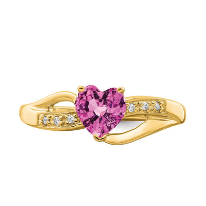 14K Gelbgold Ring mit gezüchtetem pinkem Saphir und echten Diamanten in Herzform