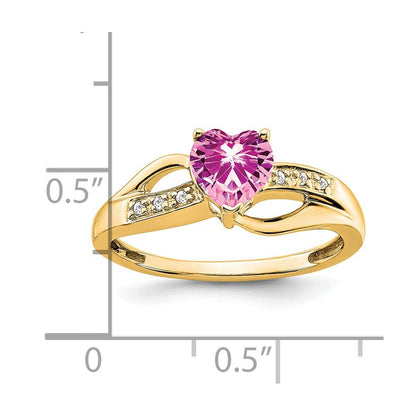 14K Gelbgold Ring mit gezüchtetem pinkem Saphir und echten Diamanten in Herzform