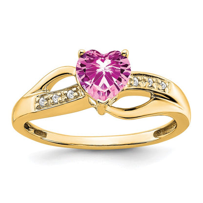 14K Gelbgold Ring mit gezüchtetem pinkem Saphir und echten Diamanten in Herzform