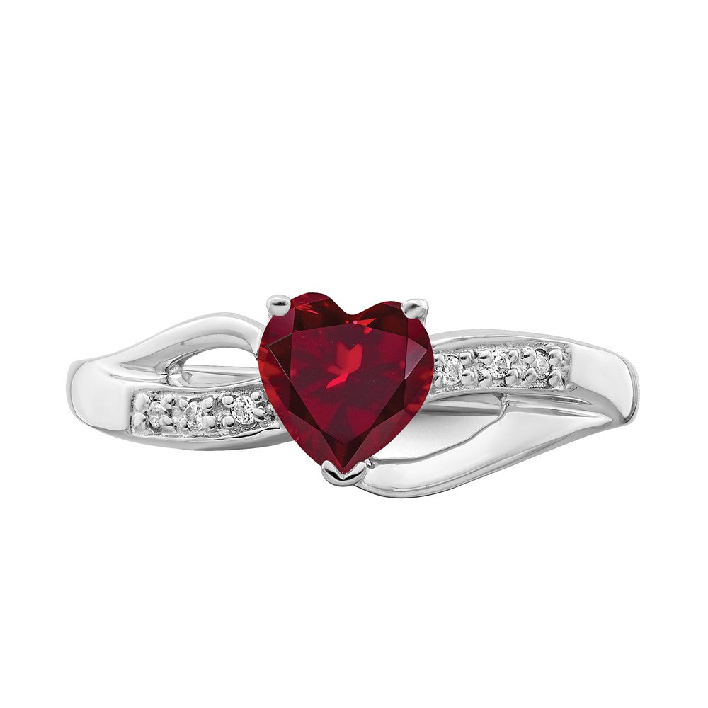 14K Weißgold Ring mit gezüchtetem Rubin und echtem Diamant in Herzform