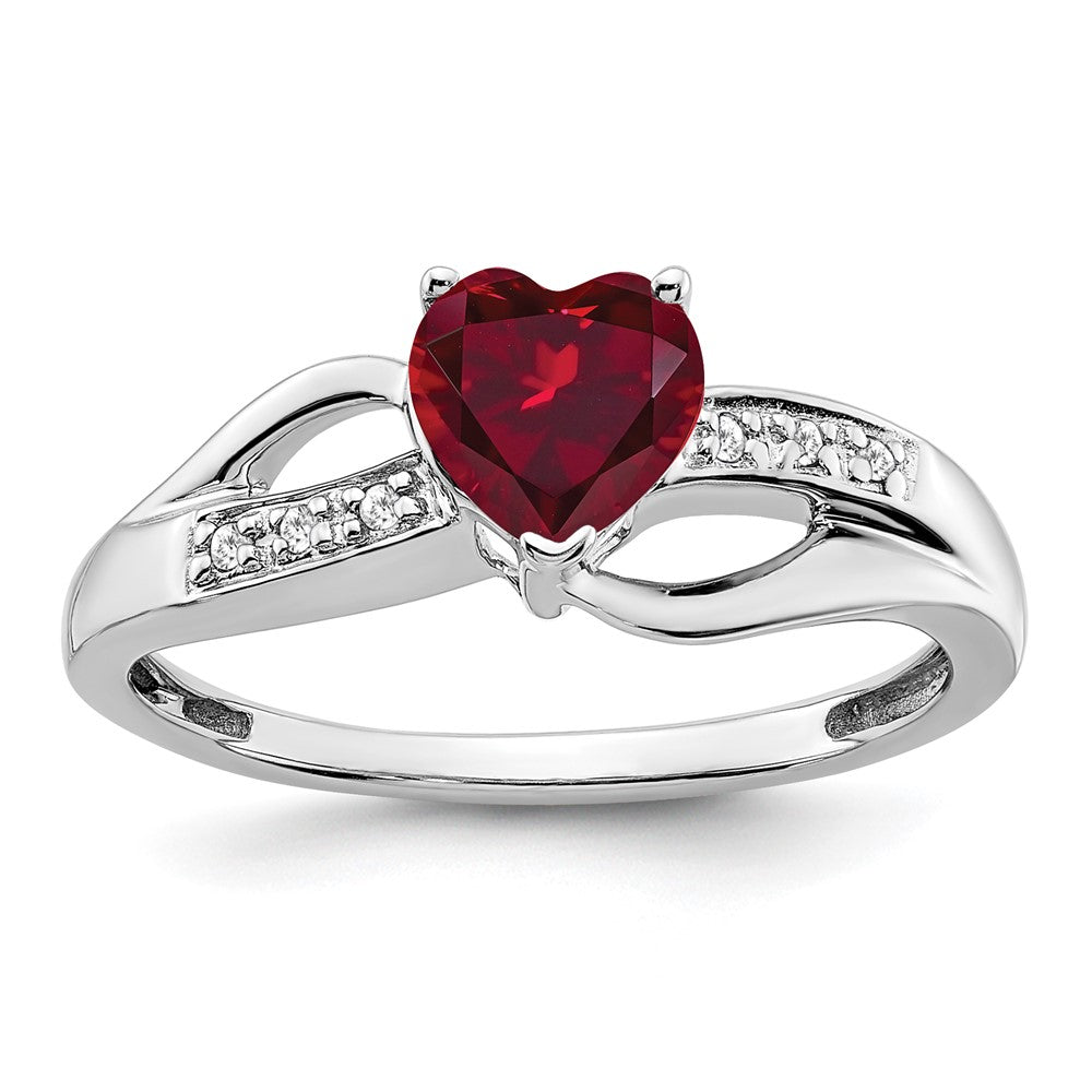 14K Weißgold Ring mit gezüchtetem Rubin und echtem Diamant in Herzform