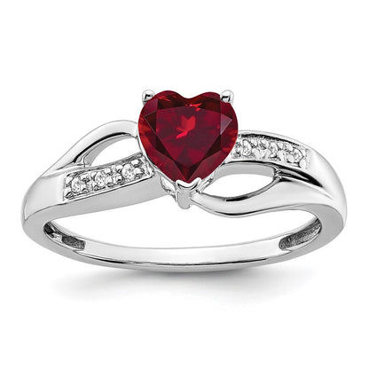 14K Weißgold Ring mit gezüchtetem Rubin und echtem Diamant in Herzform