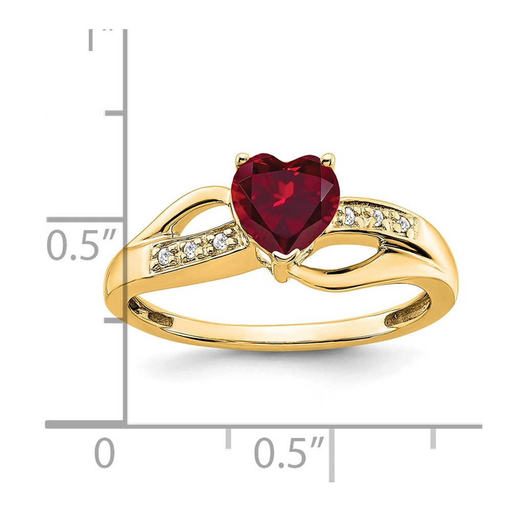 14K Gelbgold Ring mit synthetischem Rubin und echten Diamanten in Herzform