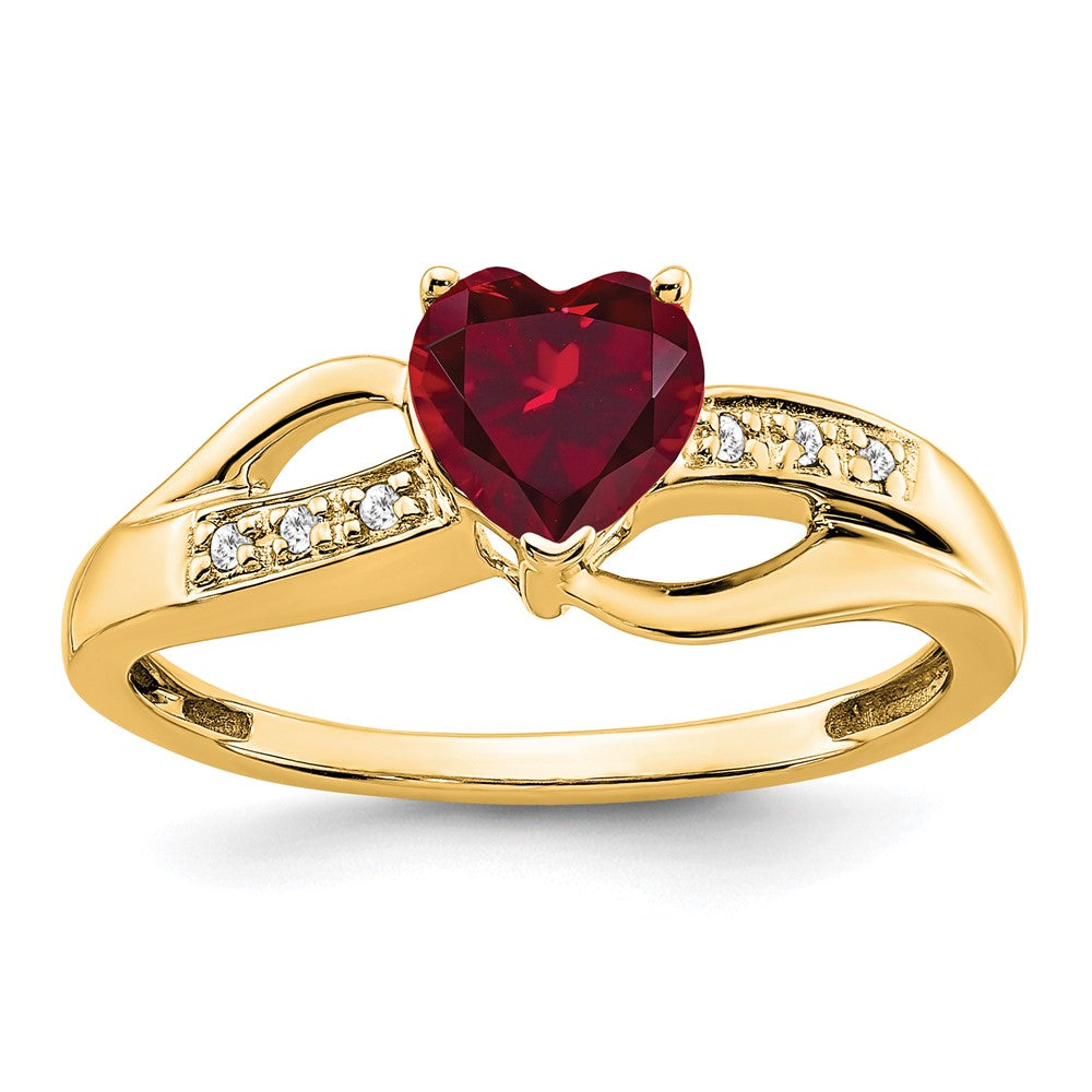 14K Gelbgold Ring mit synthetischem Rubin und echten Diamanten in Herzform